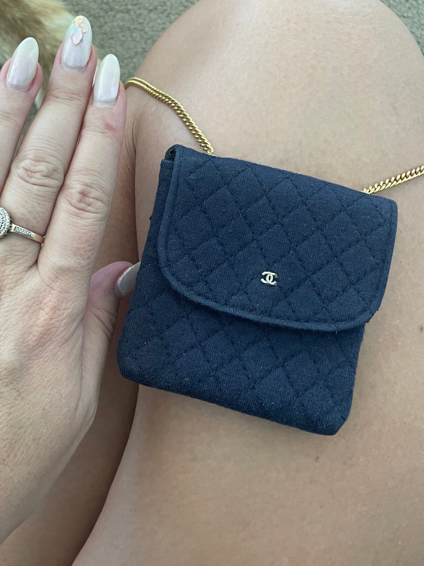 Chanel Matelassé Cotton Mini Chain pouch– Navy