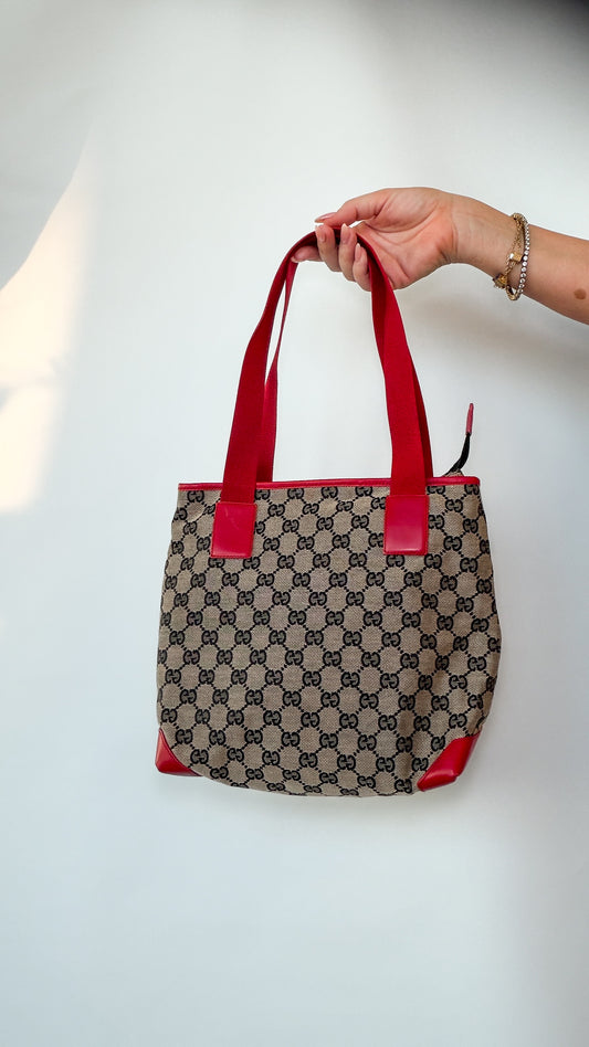 Gucci GG Canvas Tote – Red Leather Trim & Front Zip Pouch