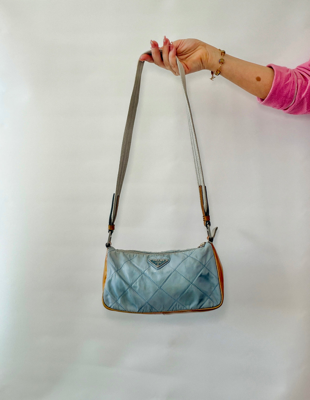 Prada Quilted Tessuto & Patent Shoulder Bag – Powder Blue & Mustard