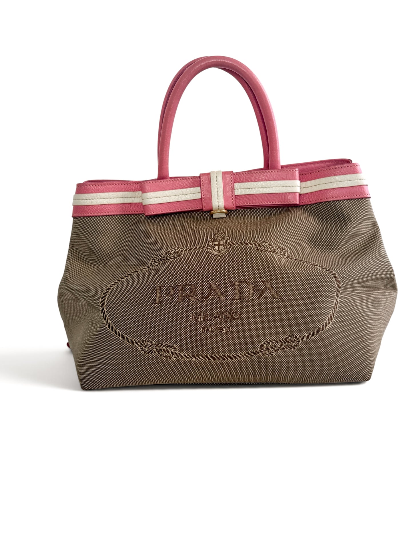 Prada Canapa Bow Tote – Pink & Beige