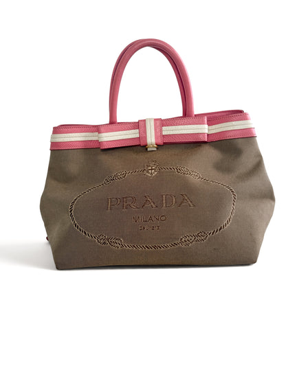 Prada Canapa Bow Tote – Pink & Beige