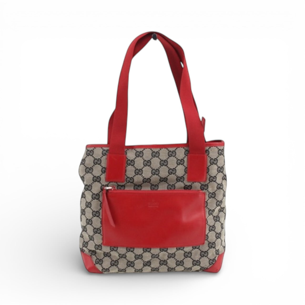 Gucci GG Canvas Tote – Red Leather Trim & Front Zip Pouch