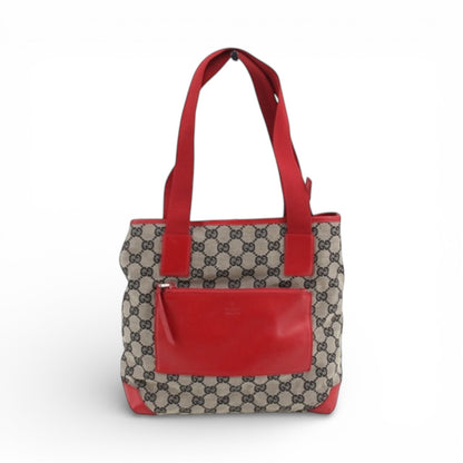 Gucci GG Canvas Tote – Red Leather Trim & Front Zip Pouch