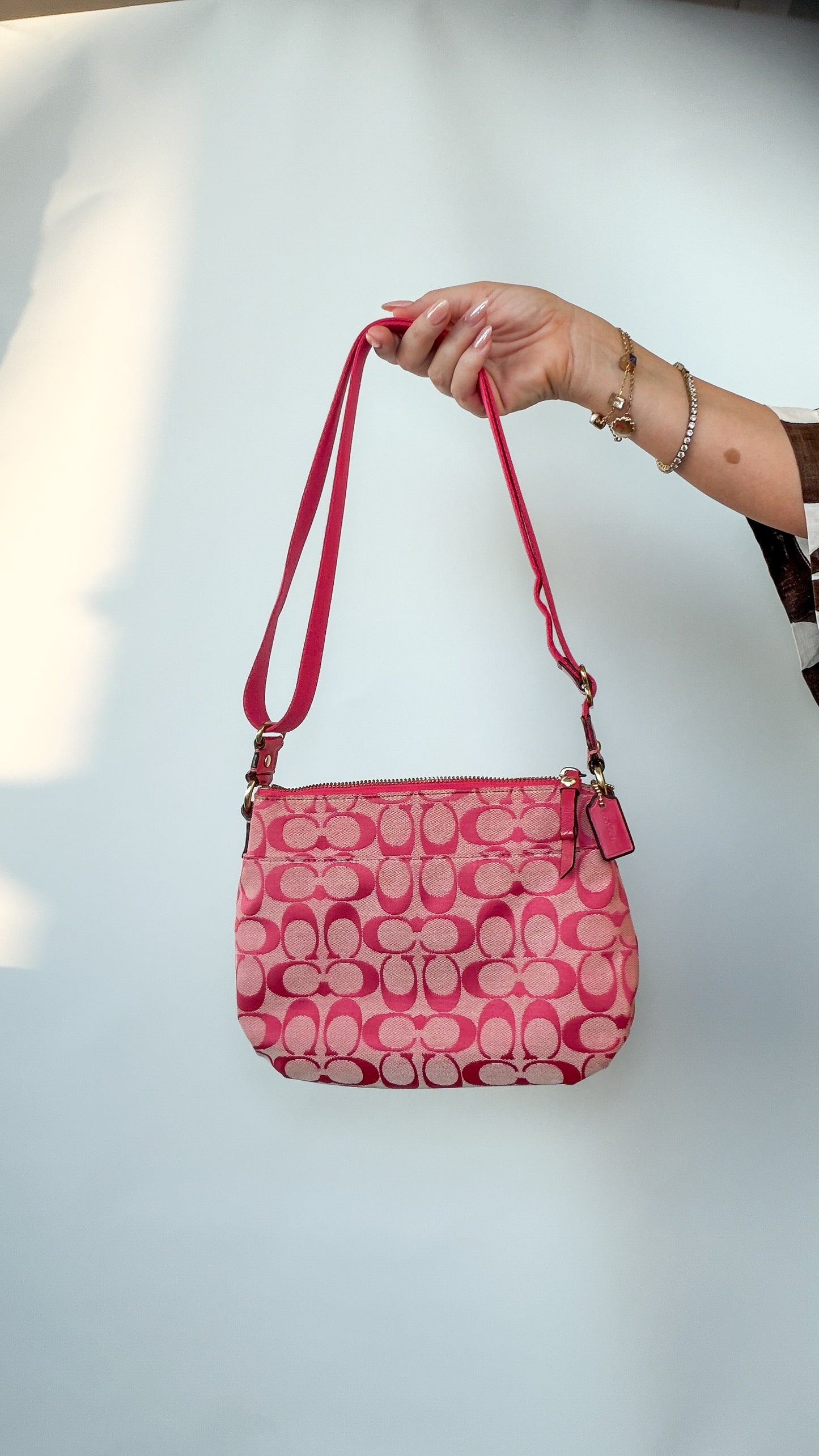 COACH Signature Pink Shoulder Bag with Heart Charm