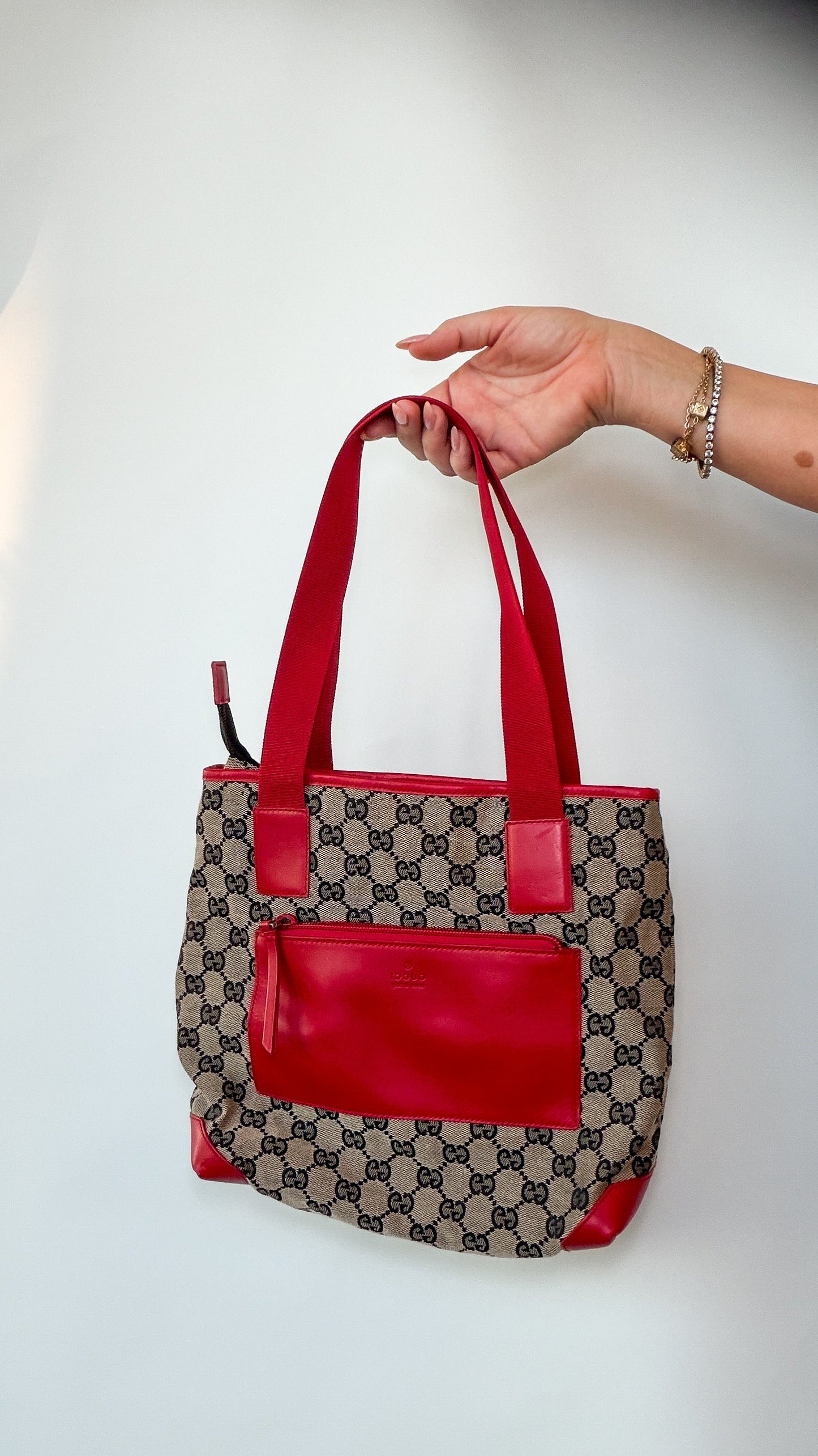 Gucci GG Canvas Tote – Red Leather Trim & Front Zip Pouch