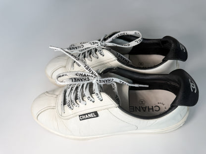 Chanel White Leather Low Top Sneakers with Black Heel Tab
