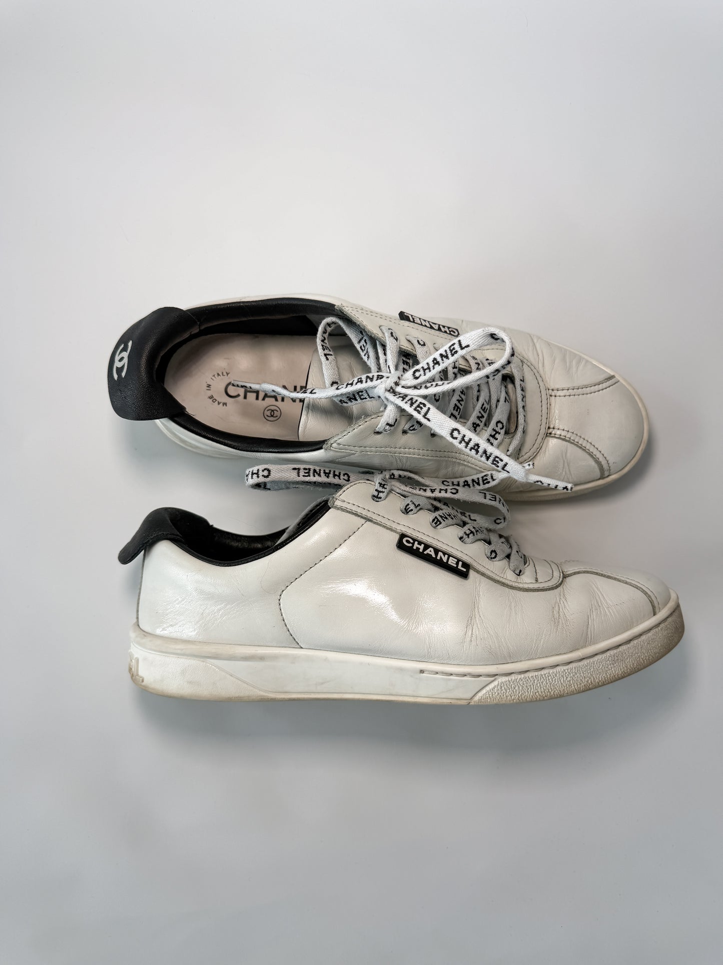 Chanel White Leather Low Top Sneakers with Black Heel Tab