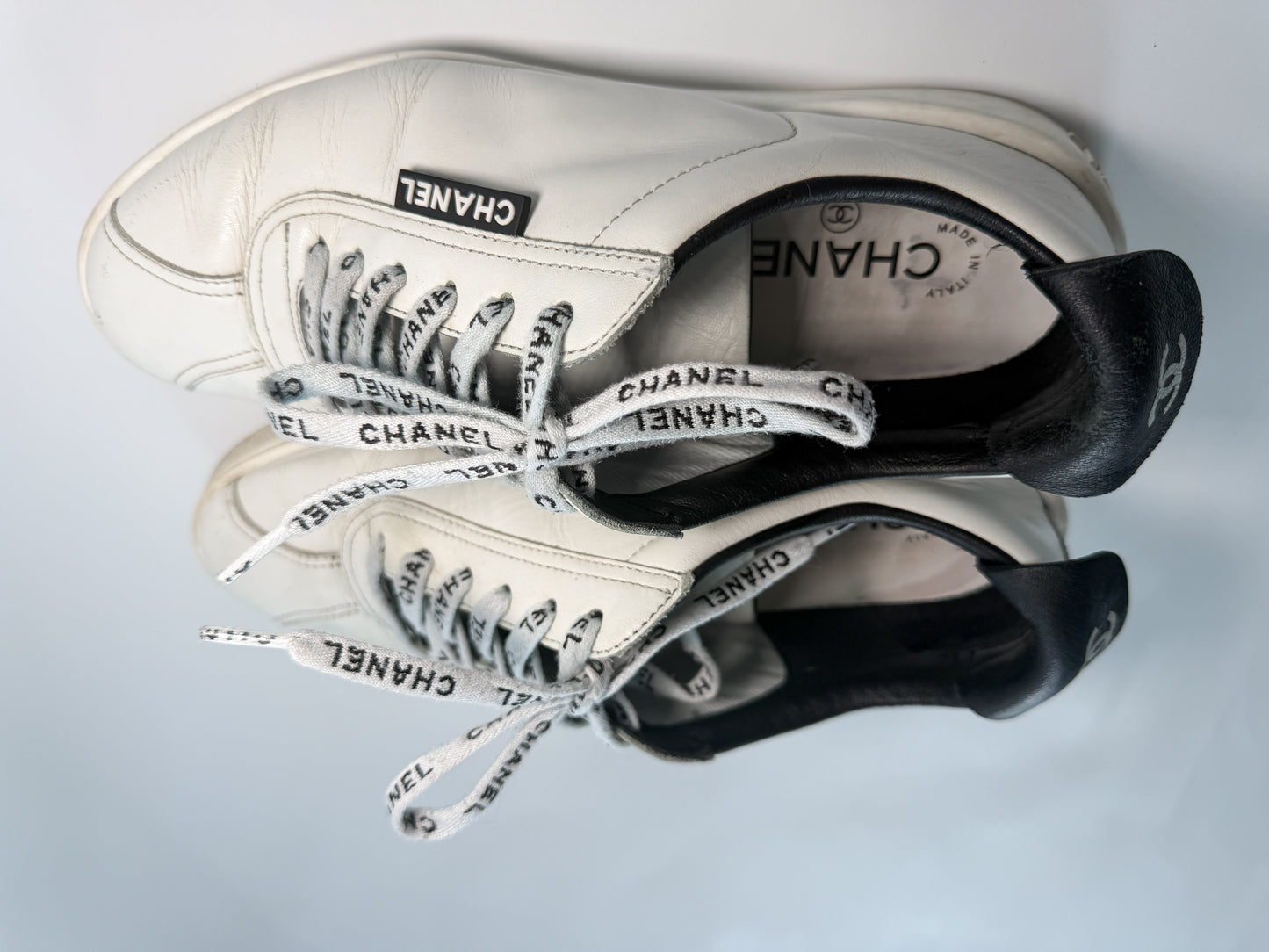 Chanel White Leather Low Top Sneakers with Black Heel Tab