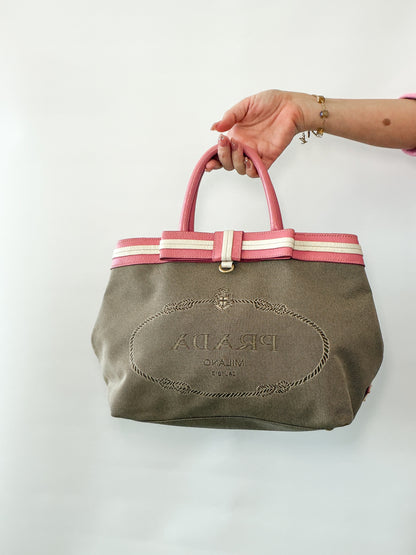 Prada Canapa Bow Tote – Pink & Beige