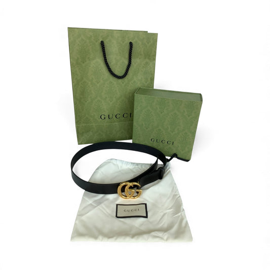 GUCCI GG MARMONT LEATHER BELT – BLACK & GOLD