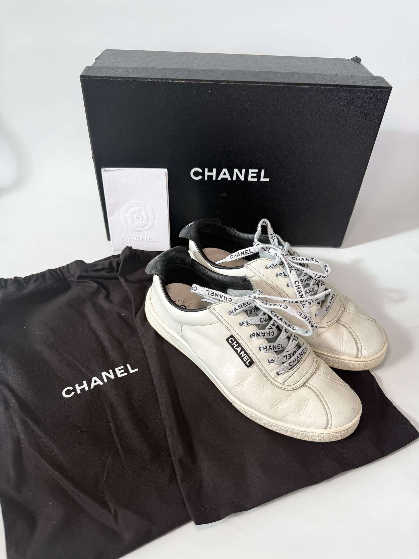 Chanel White Leather Low Top Sneakers with Black Heel Tab