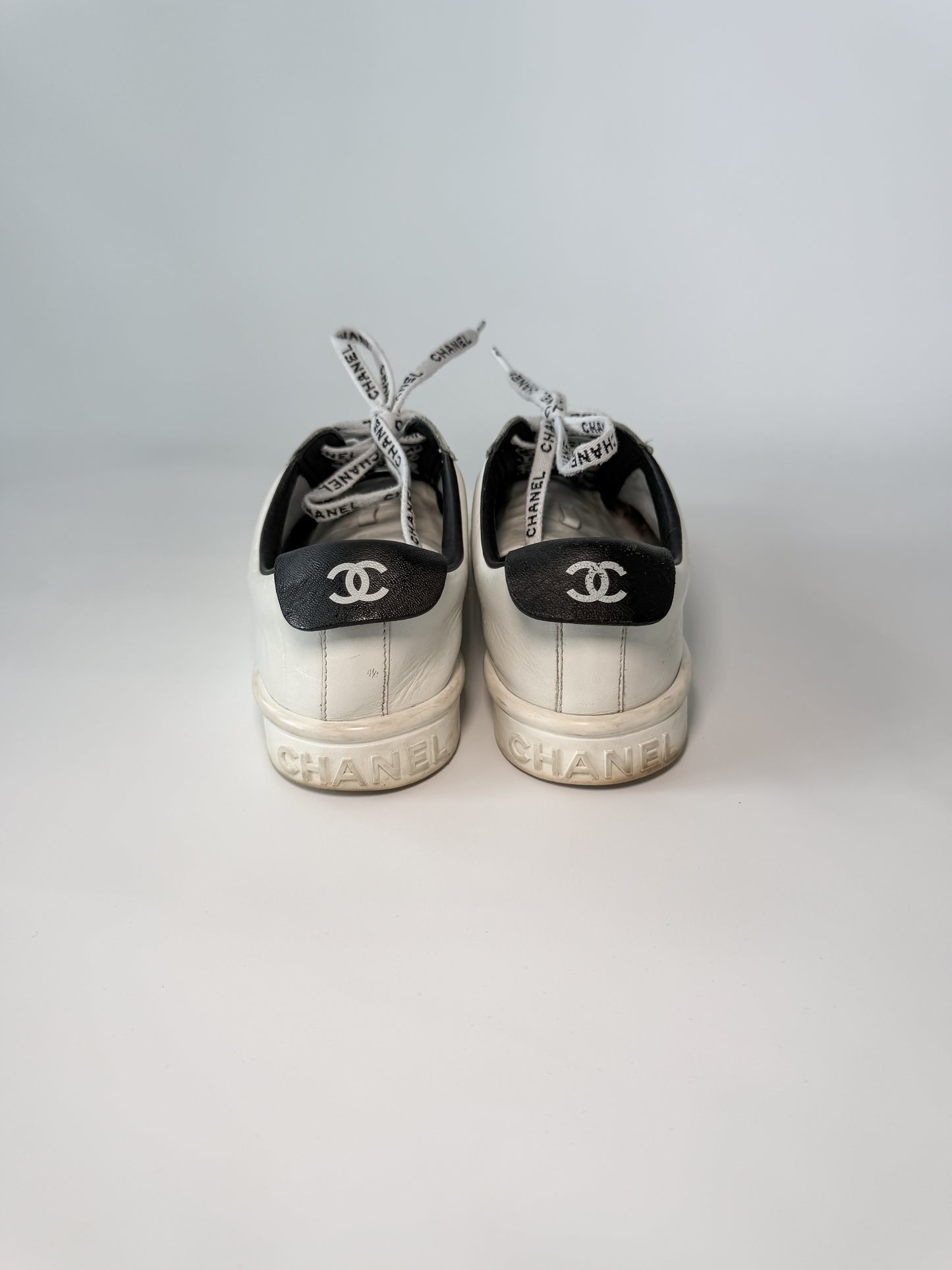 Chanel White Leather Low Top Sneakers with Black Heel Tab