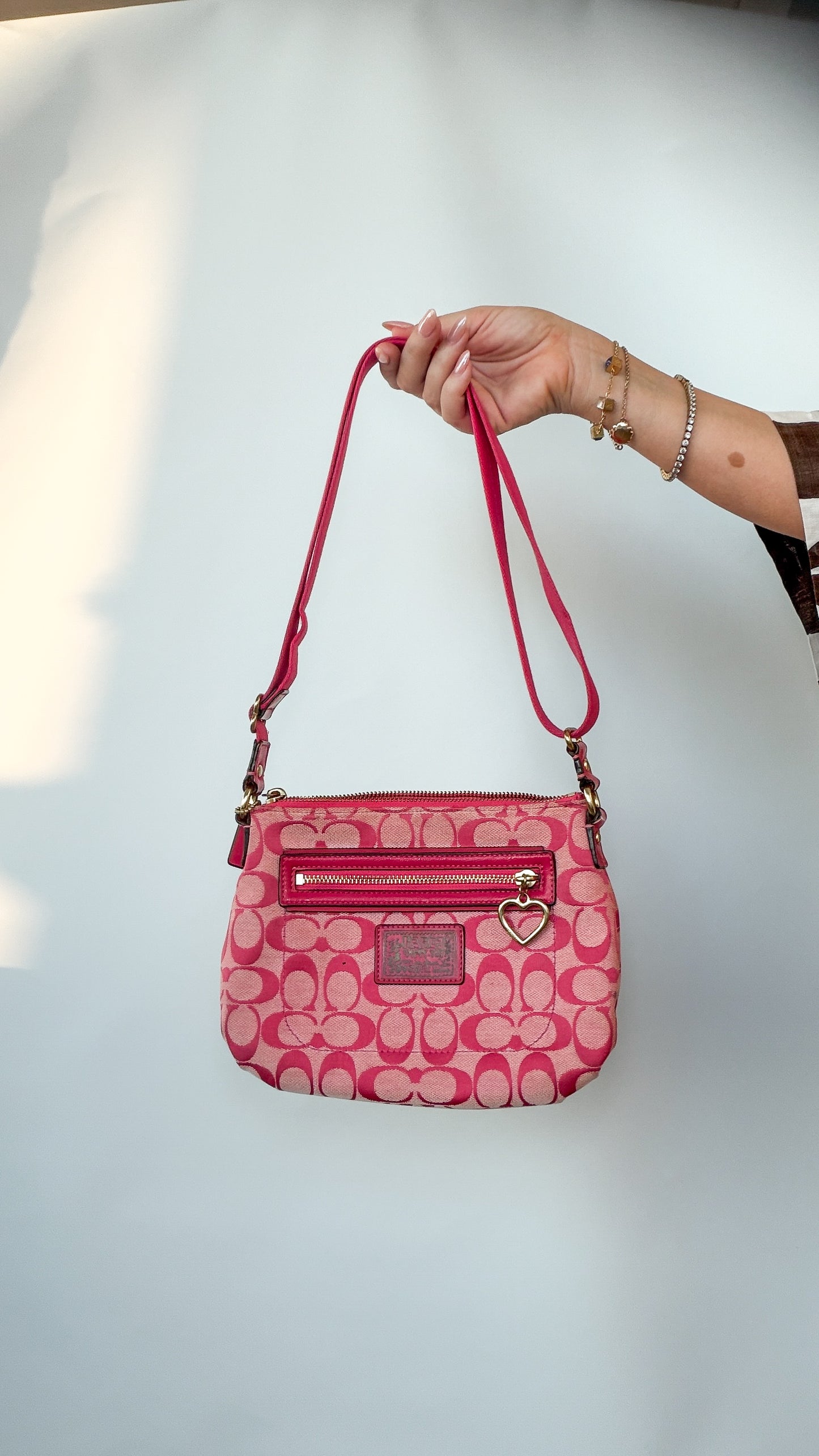 COACH Signature Pink Shoulder Bag with Heart Charm