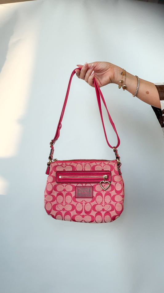 COACH Signature Pink Shoulder Bag with Heart Charm