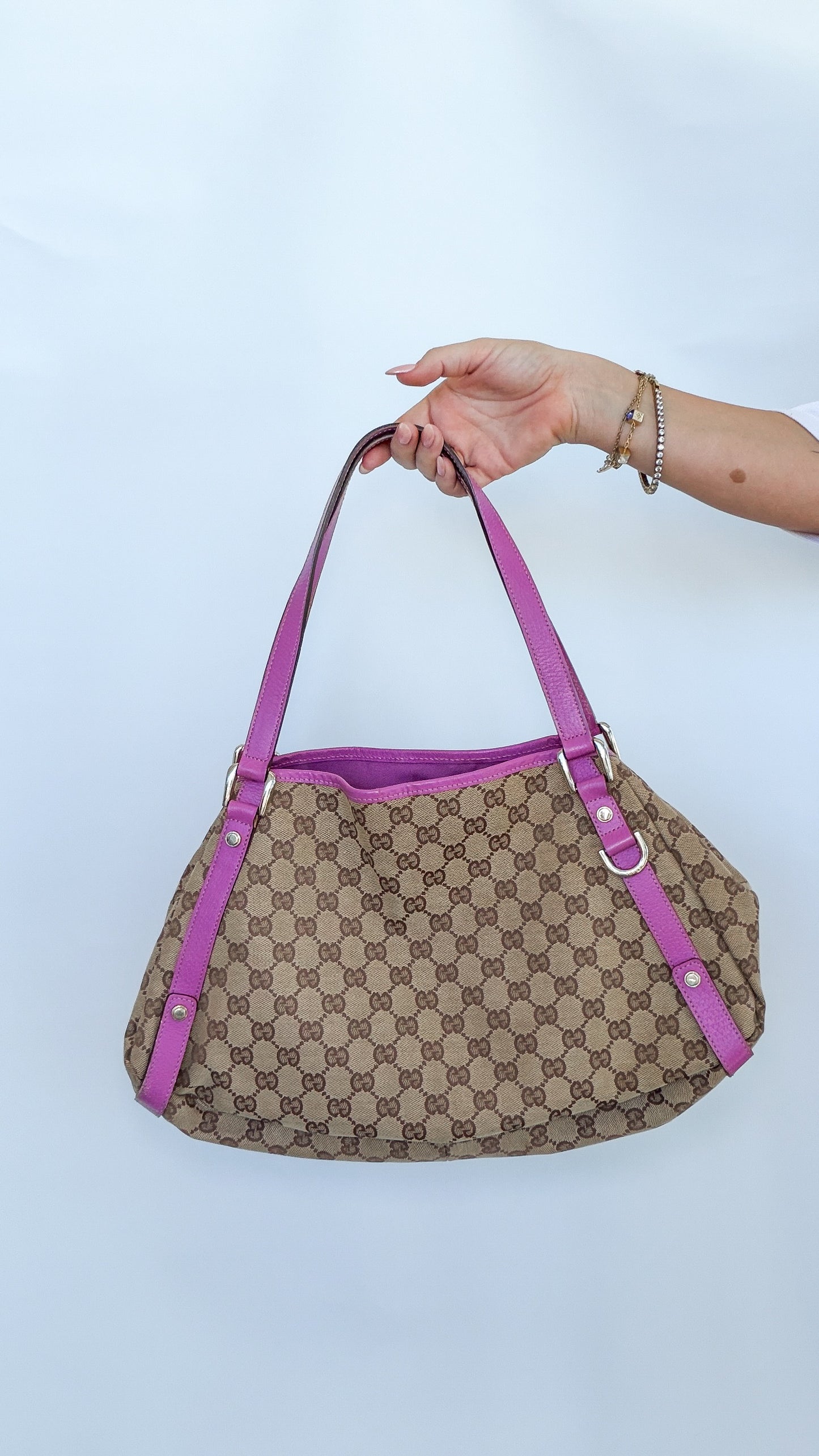 Gucci GG canvas and pink leather shoulder bag
