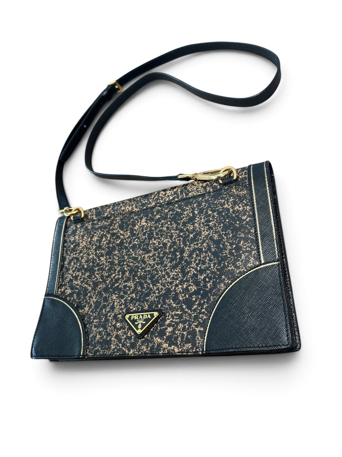 PRADA VINTAGE BLACK & GOLD DISTRESSED SHOULDER BAG