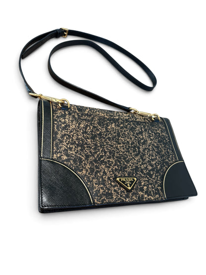 PRADA VINTAGE BLACK & GOLD DISTRESSED SHOULDER BAG