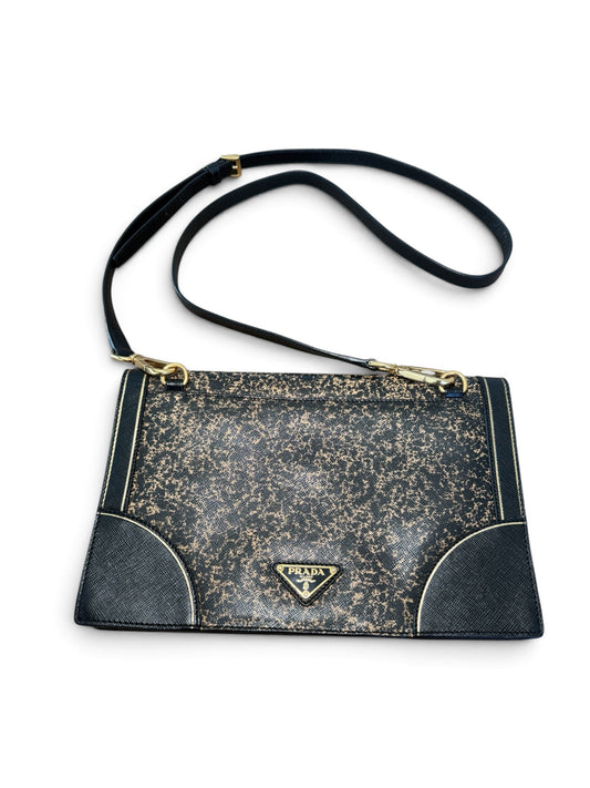 PRADA VINTAGE BLACK & GOLD DISTRESSED SHOULDER BAG