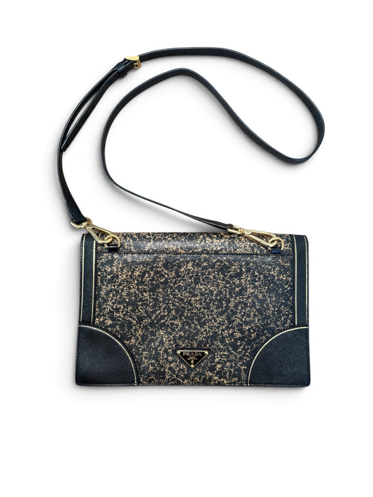 PRADA VINTAGE BLACK & GOLD DISTRESSED SHOULDER BAG